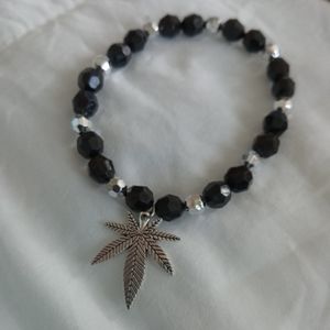 Hand crafted Silver plated hemp leaf black and crystal statement bracelet